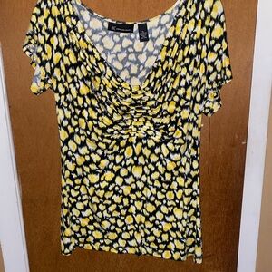INC International Concepts Yellow and White Ruched Short Sleeve Blouse